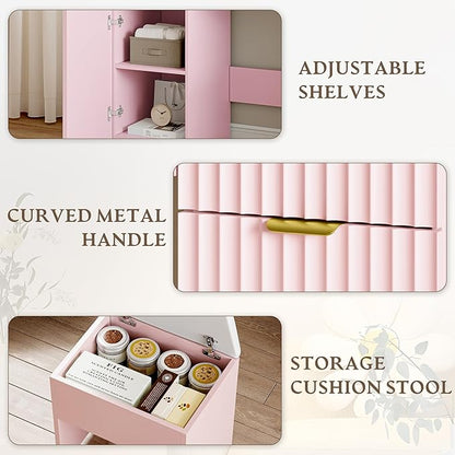 47" Fluted Makeup Vanity Desk with Large 42" Mirror and Lights, Vanity Table with 3 Drawers & 2 Storage Cabinet, Dressing Table Charging Station & Chair for Living Room, Bedroom, Pink