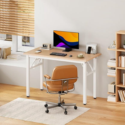 DlandHome Computer Desk Folding Table 39.4 inches Writing Desk for Small Space Study Table Laptop Desk No Assembly Required Pink Oak &White Frame