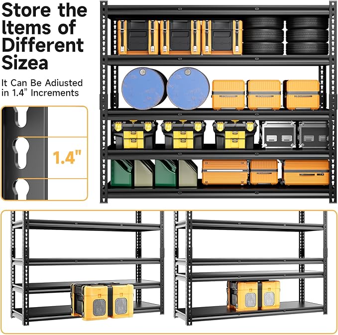 cynnda 5-Tier 60”D X 20”W X 72”H Garage Shelving Heavy Duty 3000LBS Shop Shelves Heavy Duty Adjustable Unit Rack Metal Rack (Black)