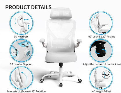 White Ergonomic Office Chair: Mesh Desk Chair Comfy with Adjustable Lumbar Support 400lbs High Back Computer Gaming Chair - Big and Tall Office Chairs with Extra Wide Seat-Adults Home Office