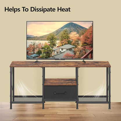 JARHETUN TV Stand with Fabric Drawer, Entertainment Center for 50 55 Inch TV, Industrial TV Console Table with Open Storage Shelves for Living Room, Bedroom, Rustic Brown