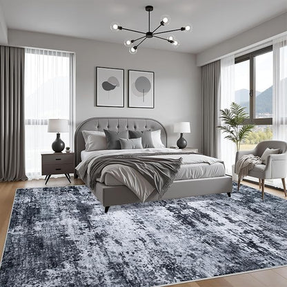8x8 Area Rug Living Room Rug: Washable Modern Abstract Soft Thin Rug Indoor Floor No Slip Stain Resistant Carpet for Bedroom Dining Room Farmhouse Nursery Home Office - Black
