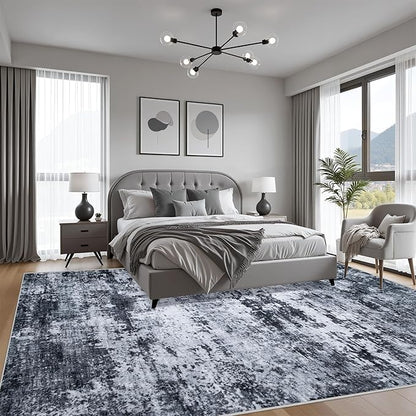 10x12 Area Rug Living Room Rug: Washable Modern Abstract Soft Thin Rug Indoor Floor No Slip Stain Resistant Carpet for Bedroom Dining Room Farmhouse Nursery Home Office - Black