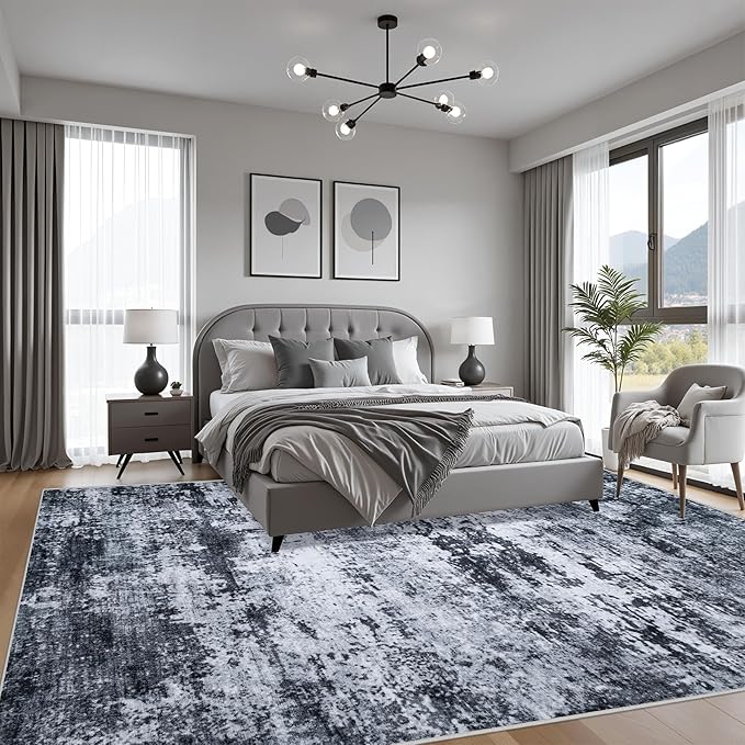 4x4 Area Rug Living Room Rug: Washable Modern Abstract Soft Thin Rug Indoor Floor No Slip Stain Resistant Carpet for Bedroom Dining Room Farmhouse Nursery Home Office - Black
