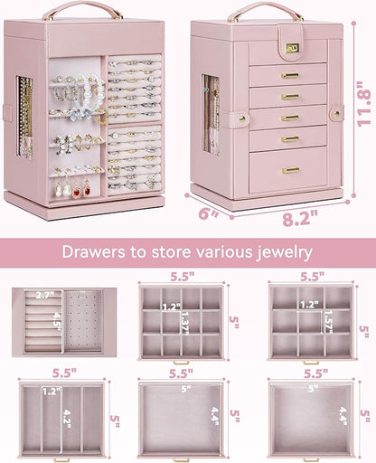 AKOZLIN 360° Rotating Jewelry Box 6-Tier Organizer Functional Jewelry Storage Case for Women Girls Ring Necklace Earring Bracelet Holder with Mirror Pink