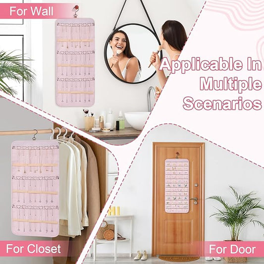 Dynoro Double-Sided Hanging Jewelry Organizer, Large Pink Storage Roll for Earrings, Necklaces, Rings, 48 Pockets 21 Hooks, Durable Oxford Fabric for Closet, Wall, Door, 1 piece, Jewelry Not Included