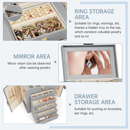 AKOZLIN 6-Tier Jewelry Box Organizer Functional 5 Drawers Leather Jewelry Storage Case for Women Girls Ring Necklace Earring Bracelet Holder Organizer with Mirror Medium Grey