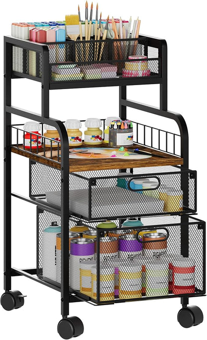 SWTYMIKI Rolling Cart with Drawers - Metal Craft Cart with Wheels, DIY Divider and Wood Shelf, Art Supply Organizer for Under Desk Storage, Utility Storage Cart for Home Office Studio, Espresso