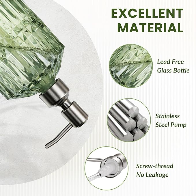 AmazerBath Soap Dispenser, 2 Pack Green Glass Soap Dispenser with Pump Stainless Steel, 14.2OZ Refillable Hand Soap Bottles Bathroom Kitchen