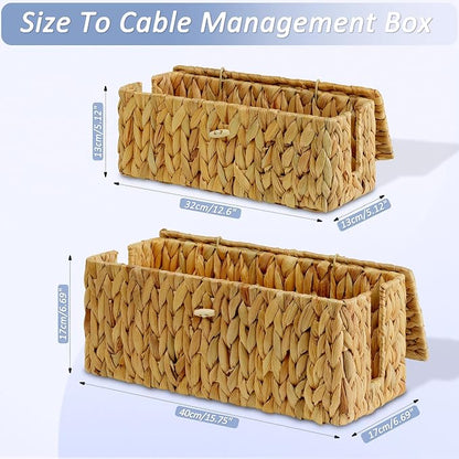 efluky 2 Pack Water Hyacinth Floor Cord Covers with Lid, Hand-Woven Cable Management Box, 2 Open Slots Cord Box to to Hide USB Wire, Power Strip & Charger for Home & Office and Dorm, Natural