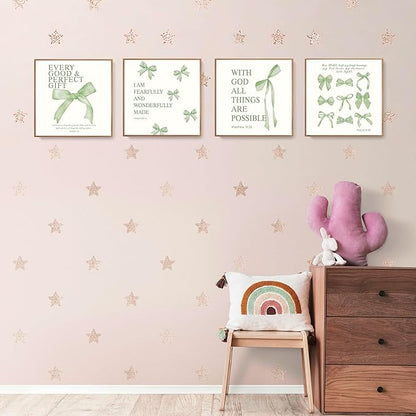 LARTSFRO Coquette Sage Green Bow Wall Art Decor Posters, Sage Green Bow Room Bedroom Bathroom Wall Art Decor Aesthetic for Teen Girls Gifts, Inspirational Bible Verses Bow Wall Decor, 10x10 Inch Set of 4 Bow Pictures Unframed