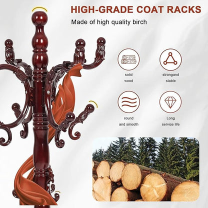 Wooden Coat rack freestanding, Coat racks stand with 14 Hook, Heavy duty coat tree standing 3 Adjustable Heights for Bedroom, Entryway, Hallway, Office,Stury Base (Redwood)
