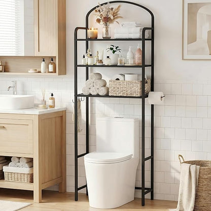 Over The Toilet Storage Rack - 3 Tier Bathroom Organizer with 4 Hooks & Paper Holder - Space Saving Metal Shelf for Bathroom - Black Toilet Storage