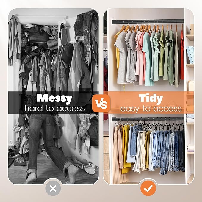 Long Closet Rod 17-87 Inches, Adjustable Heavy Duty Black Metal Closet Rods for Hanging Clothes, 1.3 Inch Diameter with Wall Brackets for Wardrobes, Laundry Room