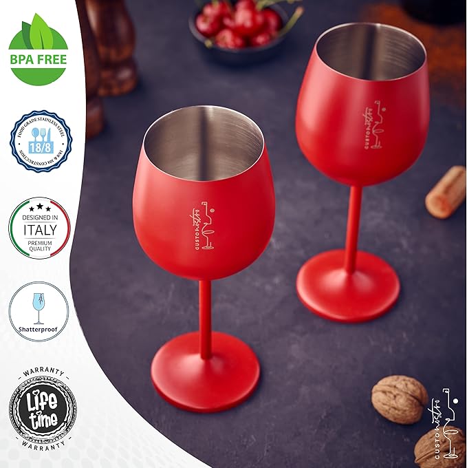 Gusto Nostro Valentine’s Day Gift Stainless Steel Wine Glass – 18 oz Red, Unbreakable Colorful Wine Glasses for Travel, Camping and Pool – Cute, Unique Metal Wine Glass for Outdoor, Picnics (Set of 4)