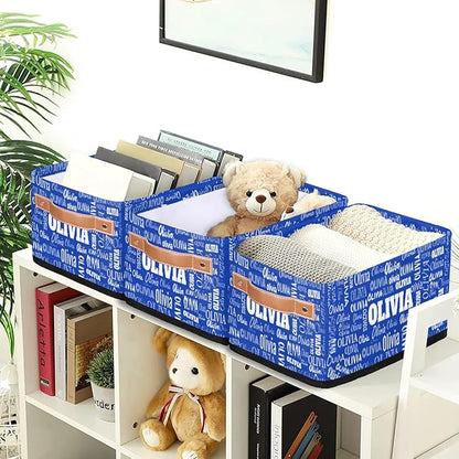 Personalized Small Storage Basket with Name, Navy Blue Countertop Toilet Paper Basket, Entryway Organizing Keys Books Toys Towels, Desk Shelf Makeup Organization