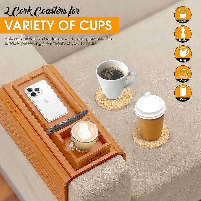 Couch Cup Holder Tray with 2 Cork Coasters, Couch Arm Tray, 2 in 1 Anti-Slip Foldable Sofa Arm Tray, Couch Armrest Table, Anti-Spill Couch Arm Table for Drinks TV Remote Cellphone Snacks (Mahogany)