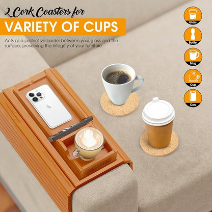 Couch Cup Holder Tray with 2 Cork Coasters, Couch Arm Tray, 2 in 1 Anti-Slip Foldable Sofa Arm Tray, Couch Armrest Table, Anti-Spill Couch Arm Table for Drinks TV Remote Cellphone Snacks (Mahogany)