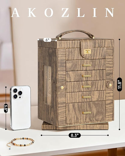 AKOZLIN 360° Rotating Jewelry Box 6-Tier Organizer Functional Jewelry Storage Case for Women Girls Ring Necklace Earring Bracelet Holder with Mirror Color Wood Grain