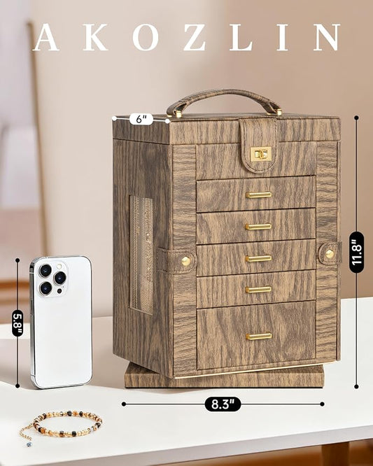 AKOZLIN 6-Tier Jewelry Box Organizer Functional 5 Drawers Leather Jewelry Storage Case for Women Girls Ring Necklace Earring Bracelet Holder Organizer with Mirror Wood Grain 360° Rotating