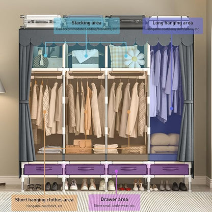 Large Portable Wardrobe with 4 Hanging Rods and Drawers, Armoire, Metal Storage Wardrobe Hangers, Upgraded Grey Non-Woven Dust Cover for Handing Closet,Large Closets for Bedroom