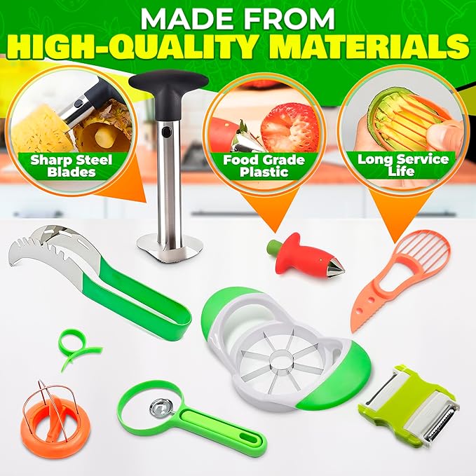 9 Pcs Fruit Slicer Set – Pineapple Corer and Slicer, Watermelon Cutter, Strawberry Huller, Apple Cutter, Avocado, Kiwi Tool and More – Stainless Steel Fruit Cutting Tools for Summer Parties and BBQs