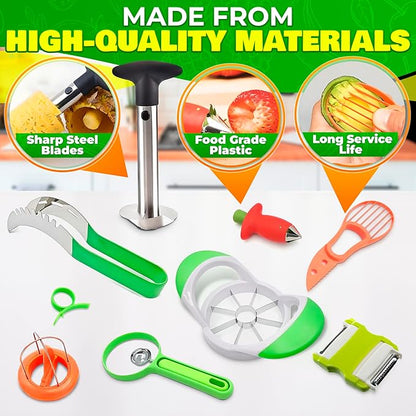 9 Pcs Fruit Slicer Set – Pineapple Corer and Slicer, Watermelon Cutter, Strawberry Huller, Apple Cutter, Avocado, Kiwi Tool and More – Stainless Steel Fruit Cutting Tools for Summer Parties and BBQs