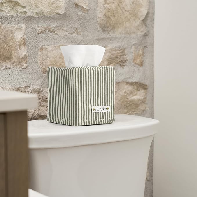 Stylish Tissue Box Cover - This Sage Striped Linen Holder Instantly Covers Your Square Tissue Boxes - The Perfect Cube Cover for Your Bathroom and Home