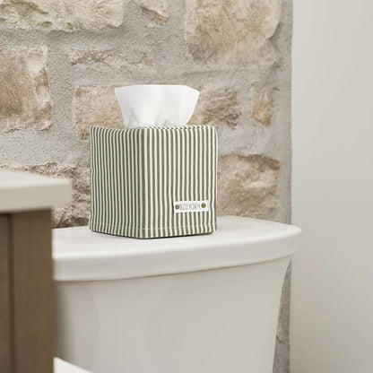 Stylish Tissue Box Cover - This Sage Striped Linen Holder Instantly Covers Your Square Tissue Boxes - The Perfect Cube Cover for Your Bathroom and Home