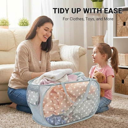 Sturdy Collapsible Laundry Baskets with Side Pockets, Mesh Pop Up Laundry Hamper, Foldable Clothes Storage Hamper with Reinforced Carry Handles for Home, Dorm, Travel -Polka Dot Print, Gray