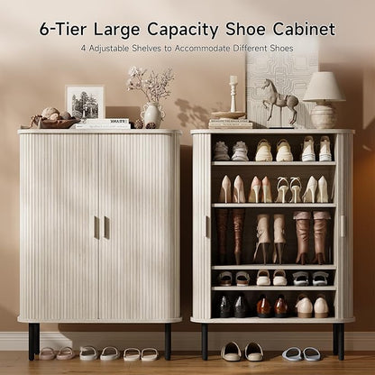 ONBRILL 6-Tier Shoe Cabinet with Sliding Door, Wooden Shoe Storage Cabinet with Adjustable Shelves, Mid-Century Modern Freestanding Shoe Storage Organizer for Entryway, Living Room, Hallway