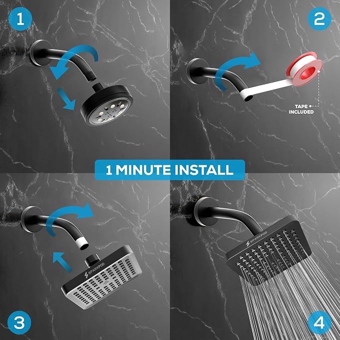 SparkPod Rain Shower Head, 6 Inch Square | High Pressure Shower Heads, 90 Nozzle (Touch-to-Clean), Adjustable Showerhead, No-tool Universal Connection