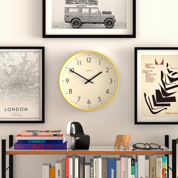 JONES CLOCKS® Studio wall Clock | Modern Round Style | 12 inch | Yellow | Easy to Read Numbers | Versatile Design for Kitchen, Living Room or Office