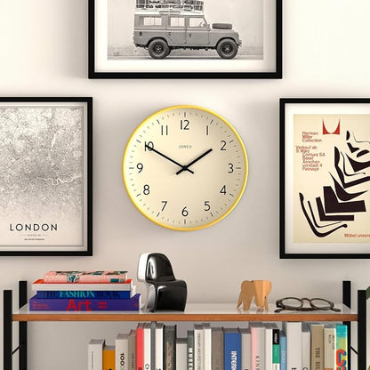 JONES CLOCKS® Studio wall Clock | Modern Round Style | 12 inch | Yellow | Easy to Read Numbers | Versatile Design for Kitchen, Living Room or Office