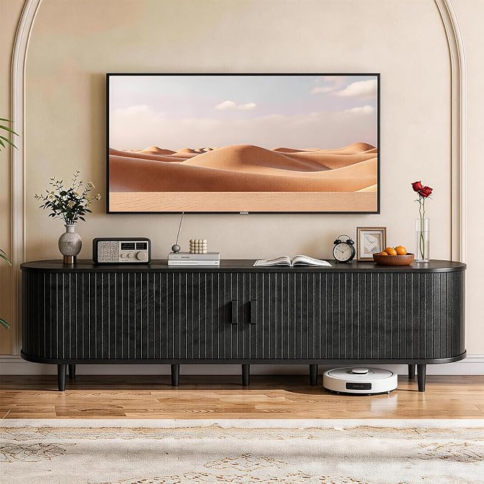 80" Mid Century Modern TV Stand with Power Outlet, Fluted Entertainment Center with Storage and Adjustable Shelves, Wood TV Console with Sliding Doors for Living Room, Black