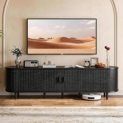 80" Mid Century Modern TV Stand with Power Outlet, Fluted Entertainment Center with Storage and Adjustable Shelves, Wood TV Console with Sliding Doors for Living Room, Black