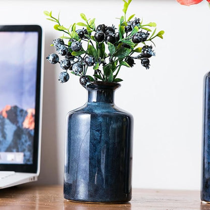 Blue Ceramic Vase Set of 3, Modern Farmhouse Small Vases, Rustic Terracotta Bottles for Living Room Fireplace, Centerpiece Table Decor
