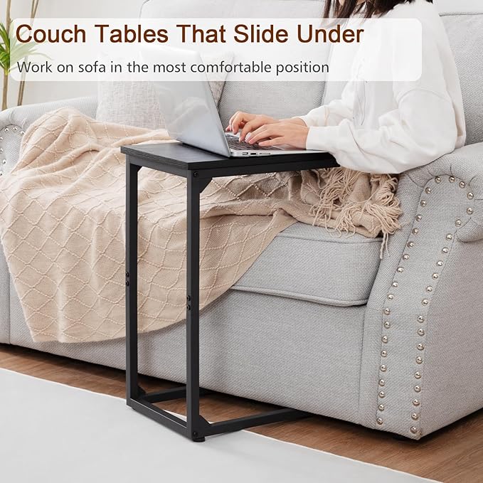 AMHANCIBLE C Shaped End Table, Couch Tables That Slide Under, TV Tray Snack Table for Sofa, Small Side Table for Couch, Small Space, Living Room, Black HET02CBK-1
