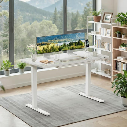 Furmax Glass Standing Desk with Drawers, Electric Adjustable Home Office Sit Stand Desk with One-Piece Desktop & USB Charging Port for Computer Desks