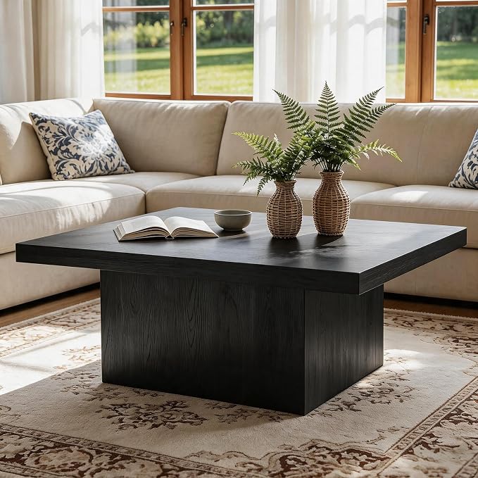Square Coffee Table,Wooden Living Room Table,Center Table with a Large Tabletop,35.4" x 35.4",for Small Spaces, Apartments, Living Rooms, Black