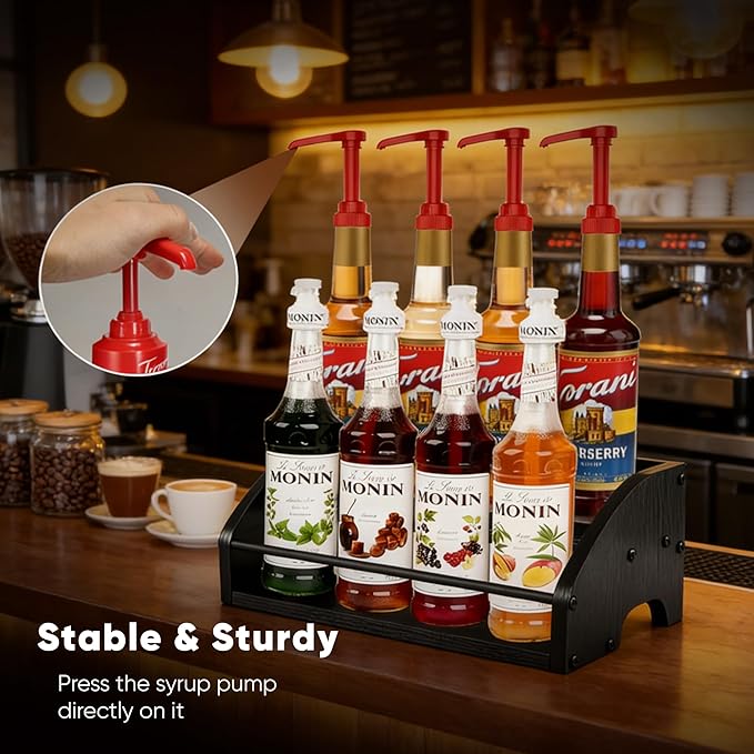 Mini Coffee Syrup Rack, 2-Tier | Syrup Bottles Holder, Liquor Bottle Display Shelf, Rustic Wooden Countertop Organizer, For Coffee Bar, Spirits, Tea
