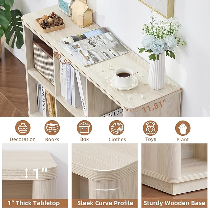 6 Cube Bookcase, 40" Wide Low Horizontal Book Shelf Curved Edge, Wood Floor Standing 2-Tier Bookshelf with Base, Modern Short Storage Cabinet Book Case for Bedroom,Office, Grey-White Cream Oak