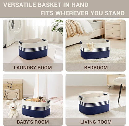 SunNewt 45L Small Laundry Basket with Leather Handles for Living Room Storage, Woven Rope Baskets Bin for Blanket, Kids Toy, Gifts, Wicker Hamper for Bedroom Dirty Clothes, 18"x14"x11" White Navy