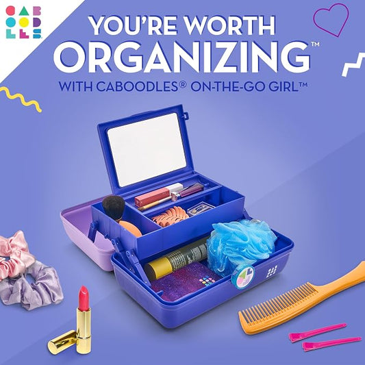 Caboodles On-The-Go Girl Makeup Box, Two-Tone Lilac on Cobalt, Hard Plastic Makeup Organizer Box, Built-In Mirror, Secure Latch for Safe Travel, Spacious Storage for Large Items