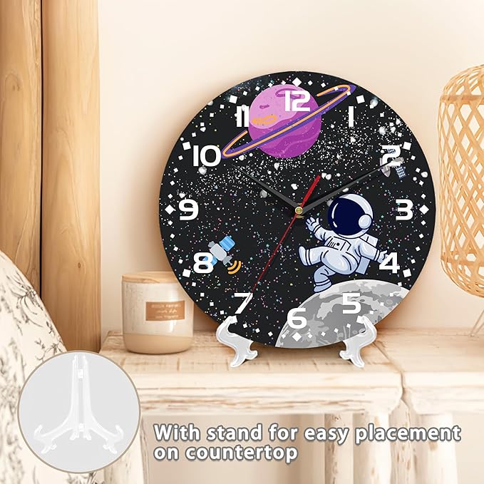 Cartoon Astronaut Wall Clock - Moon Contemporary Home Decor, Easy to Read for Living Room, Bedroom, Bathroom and Kitchen, 10 Inch