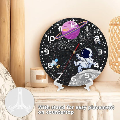 Cartoon Astronaut Wall Clock - Moon Contemporary Home Decor, Easy to Read for Living Room, Bedroom, Bathroom and Kitchen, 10 Inch