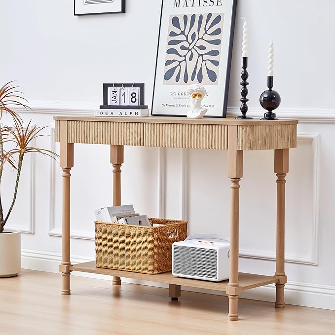 Fluted Console Table for Entryway, 43.3'' Narrow Entryway Tables with 2 Wooden Drawers, Retro Sofa Table Behind Couch Accent Tables for Foyer, Living Room, Hallway (Natural)