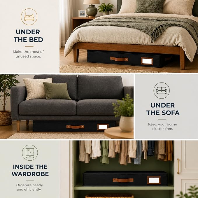 HOMELUX THEORY 2pc Low Profile Under Bed Storage Containers, Thin Under Couch Storage Organizer with Bins & Lids, Underbed Storage Box Ideal for Seasonal Clothes, Blankets, Fabric & Shoes (Black)