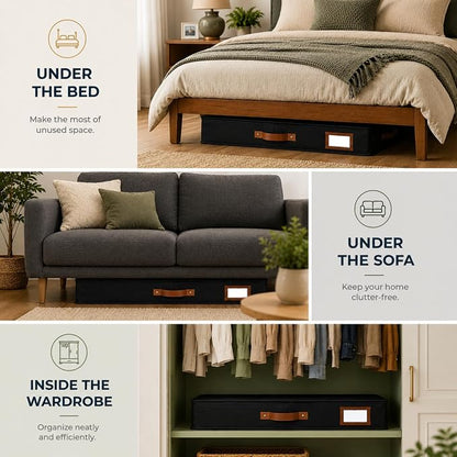 HOMELUX THEORY 2pc Low Profile Under Bed Storage Containers, Thin Under Couch Storage Organizer with Bins & Lids, Underbed Storage Box Ideal for Seasonal Clothes, Blankets, Fabric & Shoes (Black)