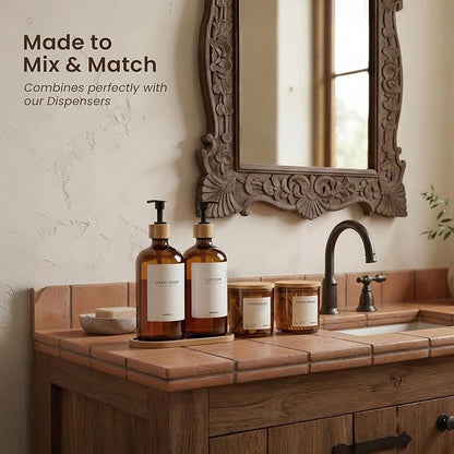 Maisonovo Glass Bathroom Containers with Lids (Airtight) - Qtip Holder - Apothecary Jars for Cotton Rounds, Swabs, Balls - Amber Bamboo Q Tip Dispenser - 2 pc Bathroom Canisters Set for Organization
